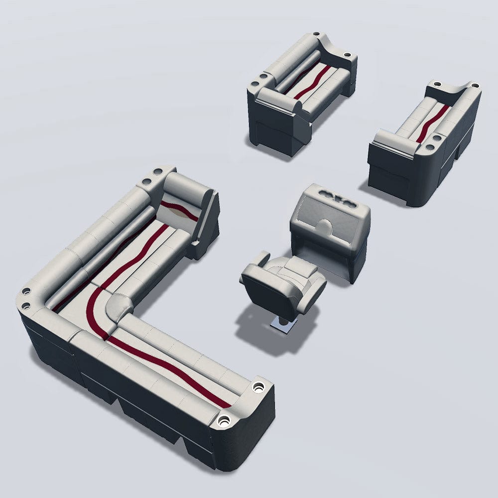 Side entry aft L-bench pontoon seat package with cupholder bow double bench and lean back seats back #color_ivory, burgundy & tan