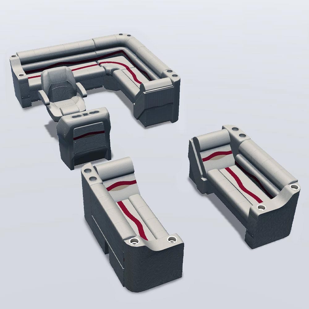 Side entry aft L-bench pontoon seat package with cupholder bow double bench and lean back seats #color_ivory, burgundy & tan