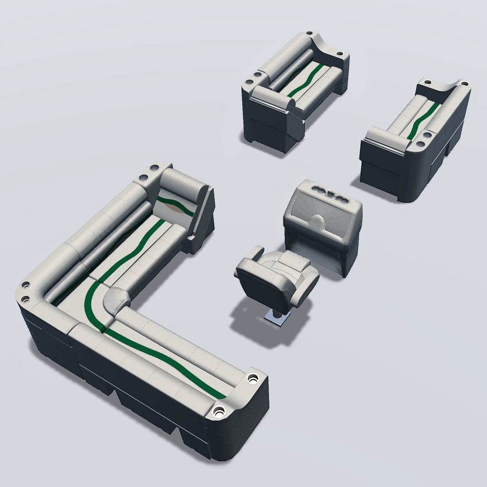 Side entry aft L-bench pontoon seat package with cupholder bow double bench and lean back seats back #color_ivory, green & tan
