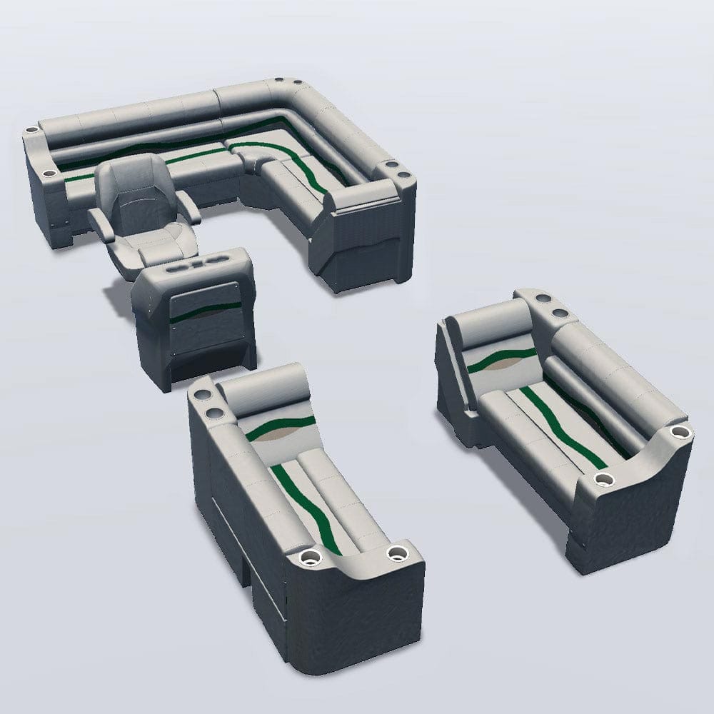 Side entry aft L-bench pontoon seat package with cupholder bow double bench and lean back seats #color_ivory, green & tan