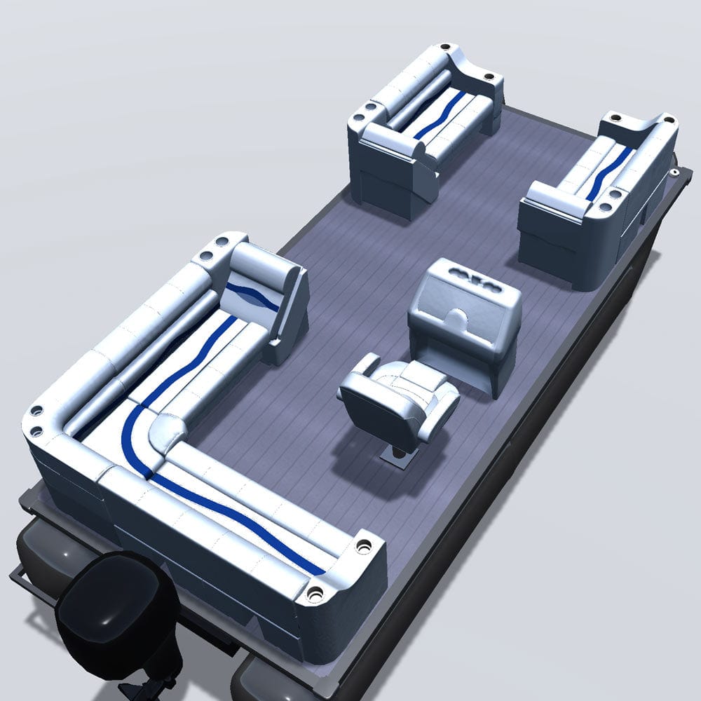 Side entry aft L-bench pontoon seat package with cupholder bow double bench and lean back seats back
