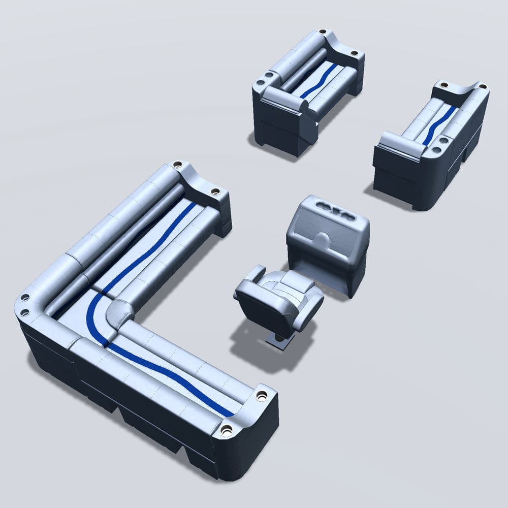 Side entry aft L-bench pontoon seat package with cupholder bow double bench and lean back seats back #color_gray, blue & charcoal