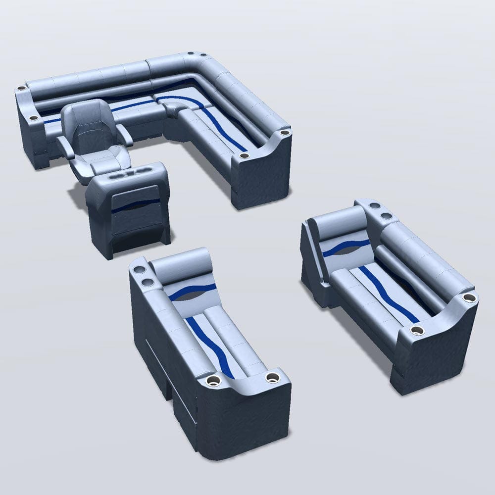 Side entry aft L-bench pontoon seat package with cupholder bow double bench and lean back seats #color_gray, blue & charcoal