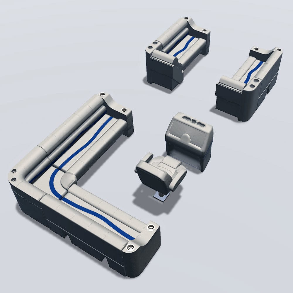 Side entry aft L-bench pontoon seat package with cupholder bow double bench and lean back seats back #color_ivory, blue & tan