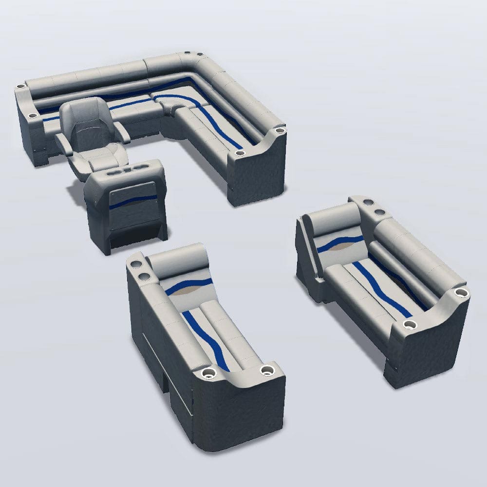 Side entry aft L-bench pontoon seat package with cupholder bow double bench and lean back seats #color_ivory, blue & tan