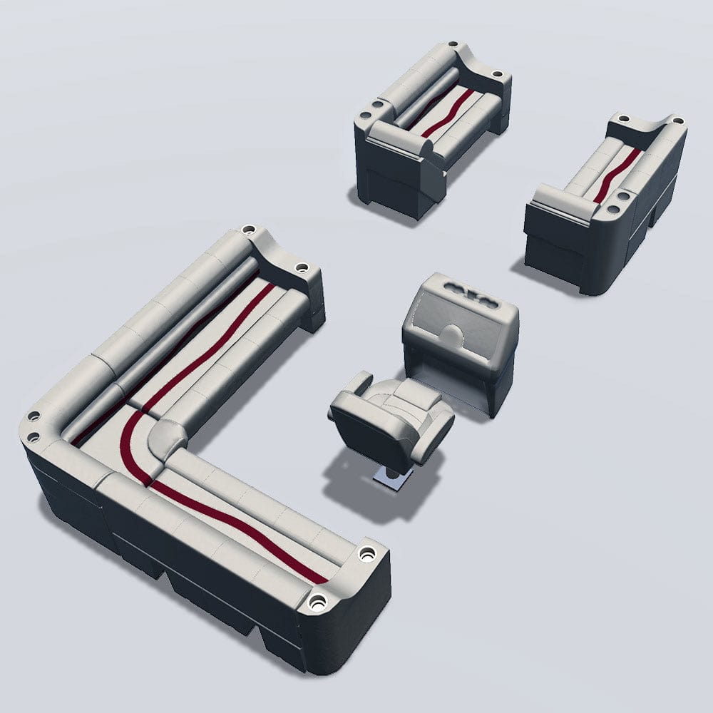 Side entry aft L-bench pontoon seat package with cupholder bow double bench and lean back seats back #color_ivory, burgundy & tan