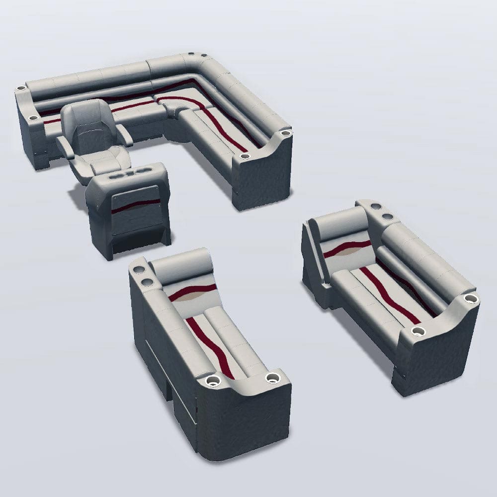 Side entry aft L-bench pontoon seat package with cupholder bow double bench and lean back seats #color_ivory, burgundy & tan