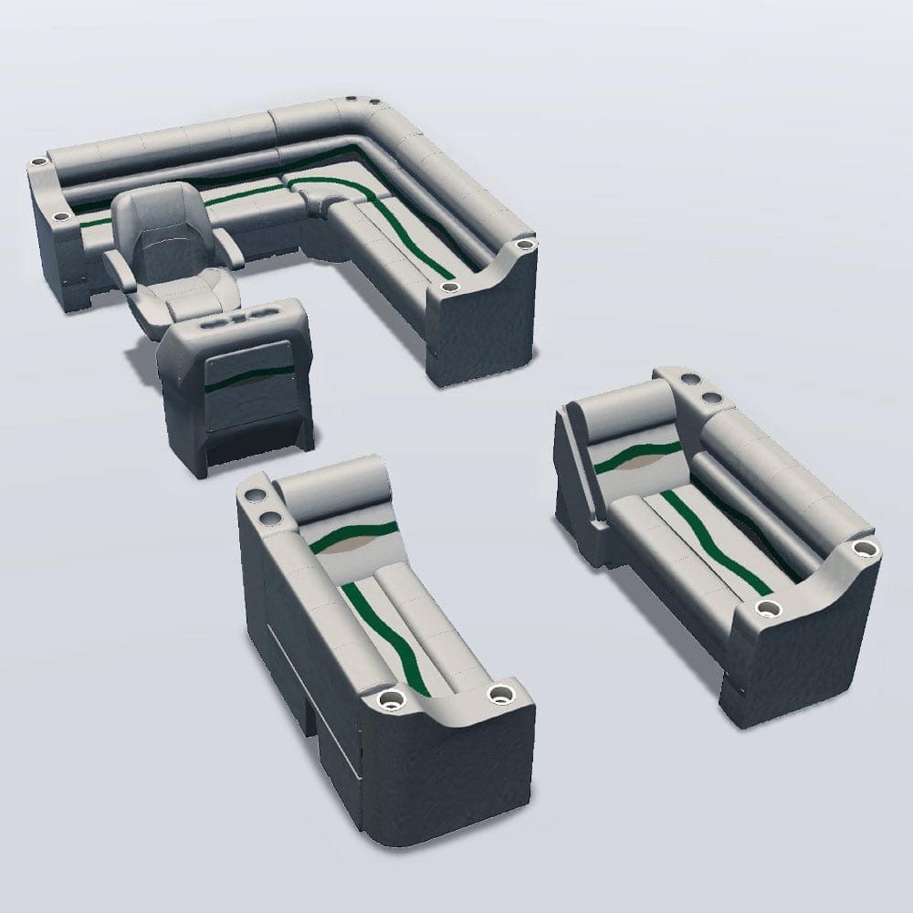 Side entry aft L-bench pontoon seat package with cupholder bow double bench and lean back seats #color_ivory, green & tan