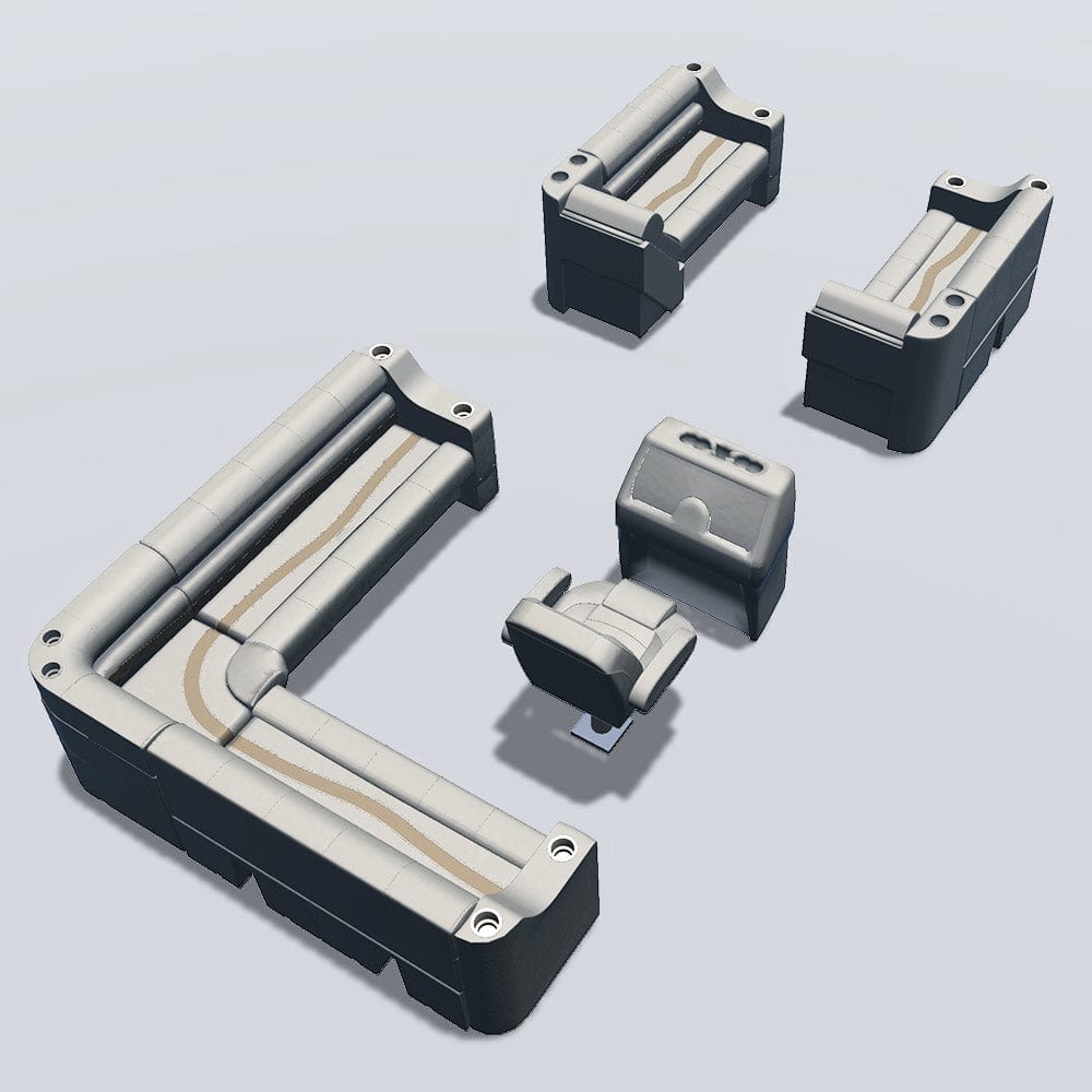 Side entry aft L-bench pontoon seat package with cupholder bow double bench and lean back seats back #color_ivory, tan & beige