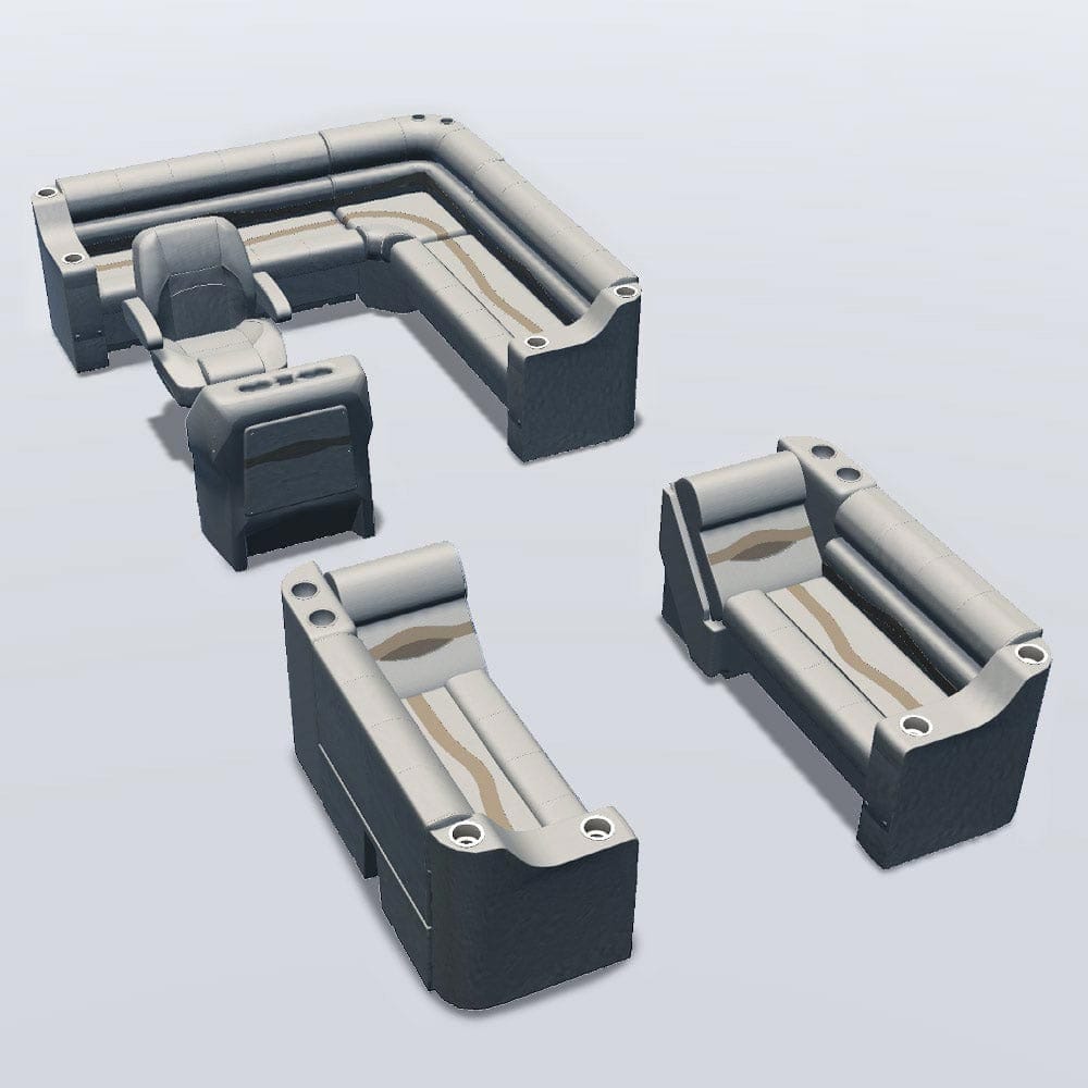 Side entry aft L-bench pontoon seat package with cupholder bow double bench and lean back seats #color_ivory, tan & beige