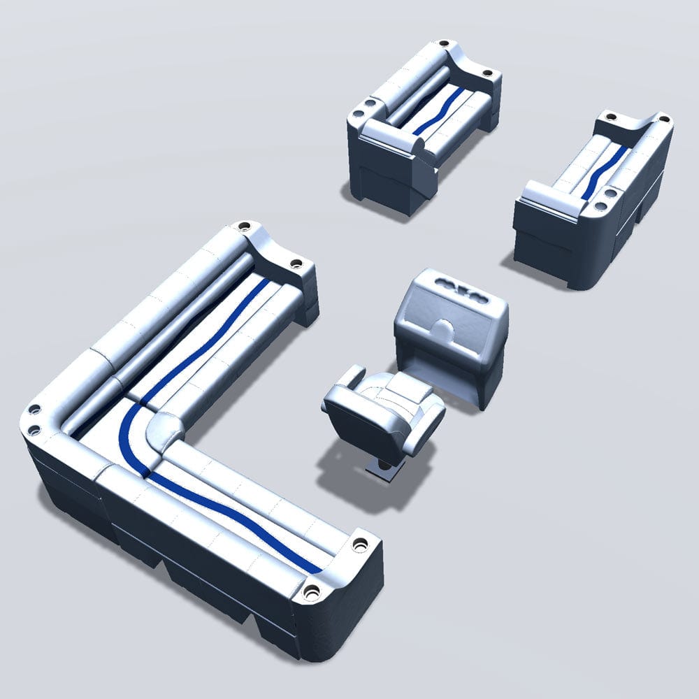 Side entry aft L-bench pontoon seat package with cupholder bow double bench and lean back seats back #color_white, blue & light blue