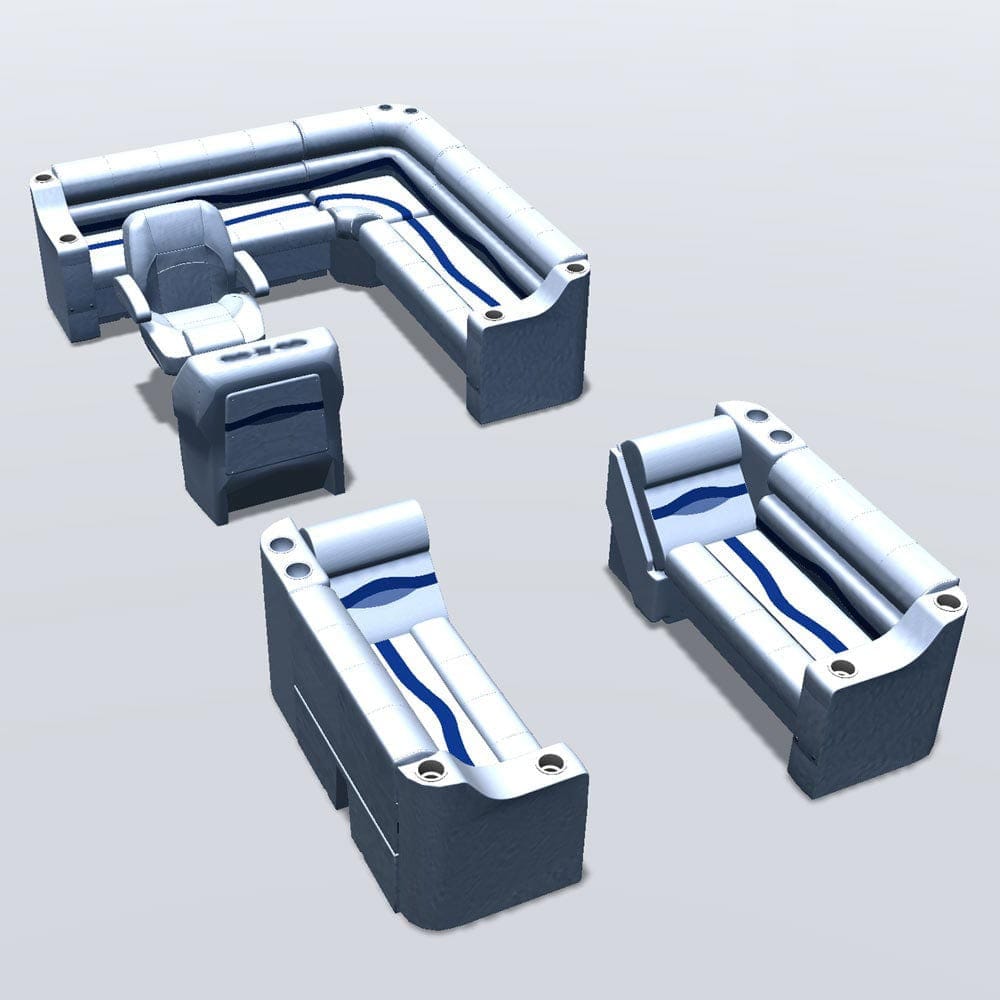 Side entry aft L-bench pontoon seat package with cupholder bow double bench and lean back seats #color_white, blue & light blue