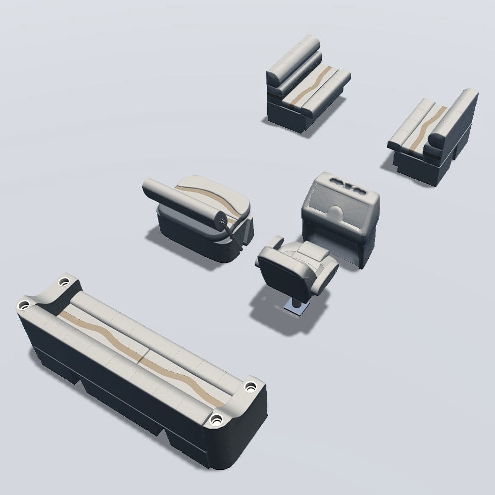 Side entry midship flip flop pontoon seat package with bow double bench seats back #color_ivory, tan & beige