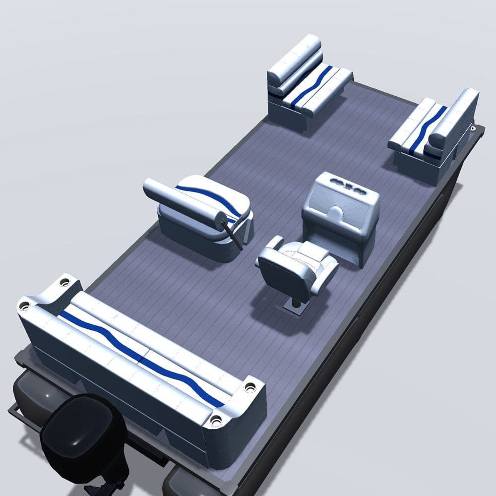 Side entry midship flip flop pontoon seat package with bow double bench seats back