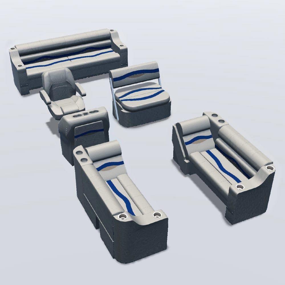 Side entry midship flip flop pontoon seat package with cupholder bow double bench and lean back seats #color_ivory, blue & tan