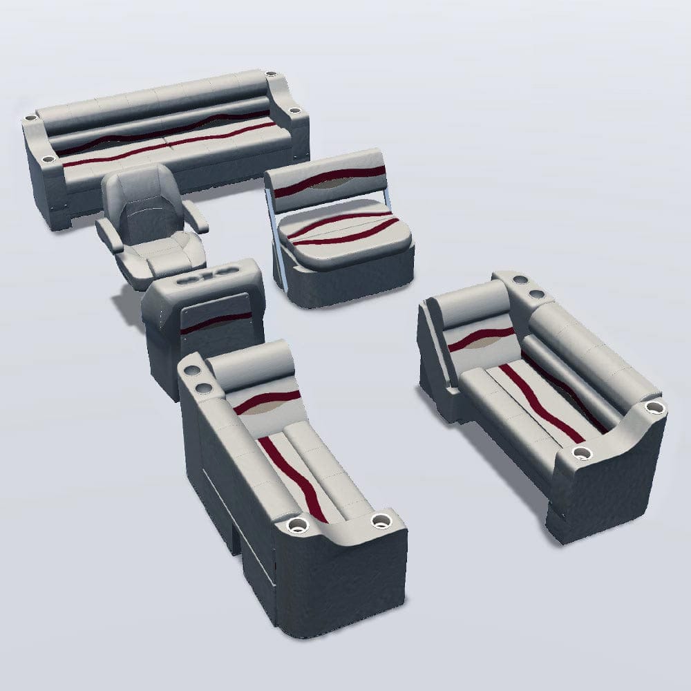 Side entry midship flip flop pontoon seat package with cupholder bow double bench and lean back seats #color_ivory, burgundy & tan