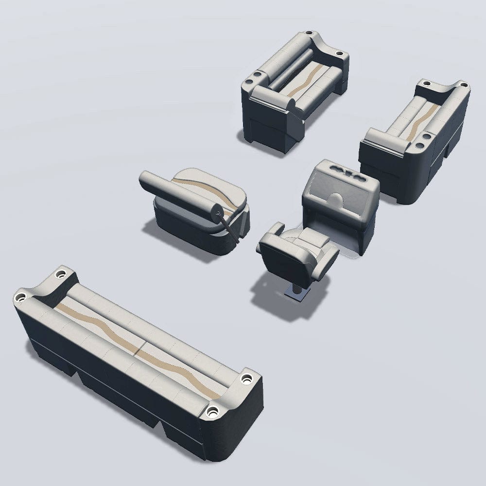 Side entry midship flip flop pontoon seat package with cupholder bow double bench and lean back seats back #color_ivory, tan & beige