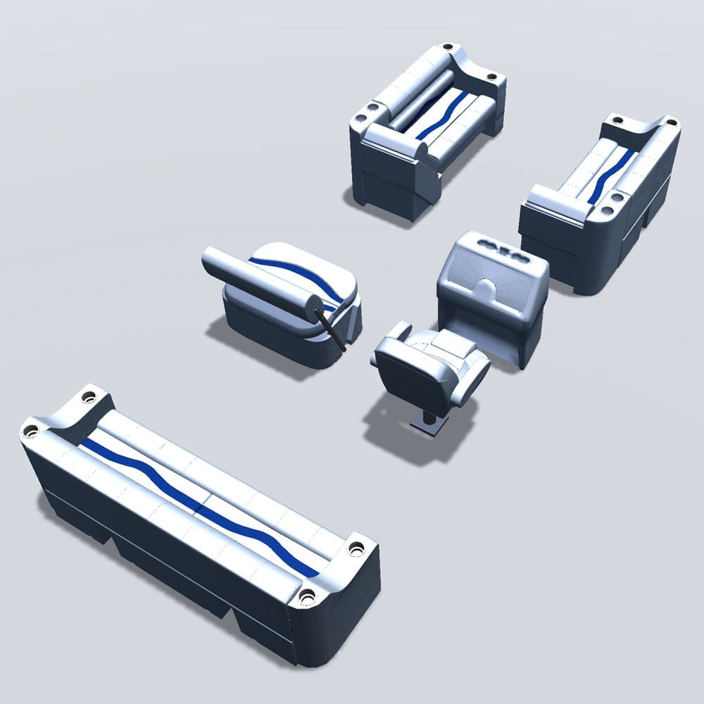 Side entry midship flip flop pontoon seat package with cupholder bow double bench and lean back seats back #color_white, blue & light blue