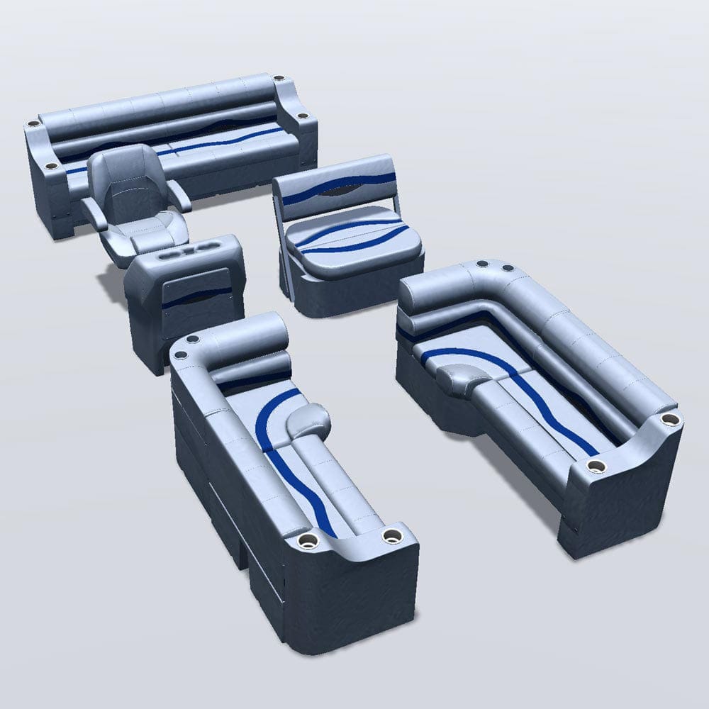 Side entry midship flip flop pontoon seat package with cupholder bow double bench and corner seats #color_gray, blue & charcoal