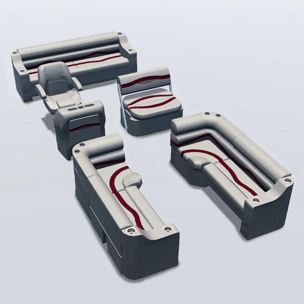 Side entry midship flip flop pontoon seat package with cupholder bow double bench and corner seats #color_ivory, burgundy & tan