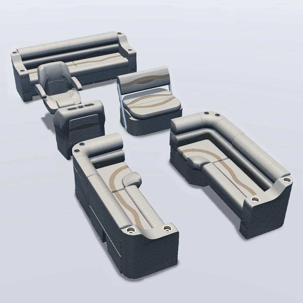 Side entry midship flip flop pontoon seat package with cupholder bow double bench and corner seats #color_ivory, tan & beige