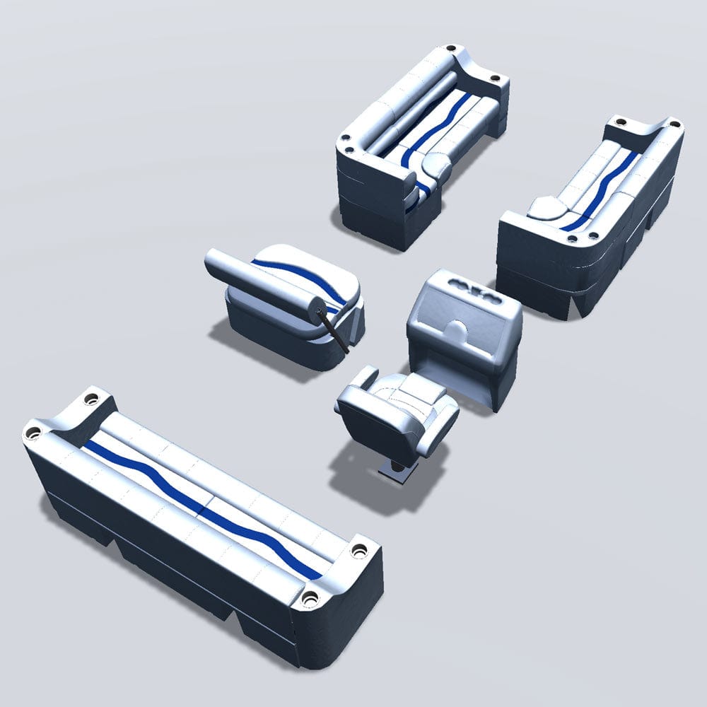 Side entry midship flip flop pontoon seat package with cupholder bow double bench and corner seats back #color_white, blue & light blue