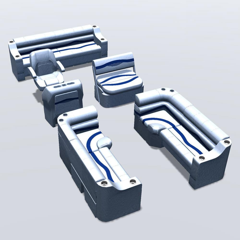 Side entry midship flip flop pontoon seat package with cupholder bow double bench and corner seats #color_white, blue & light blue