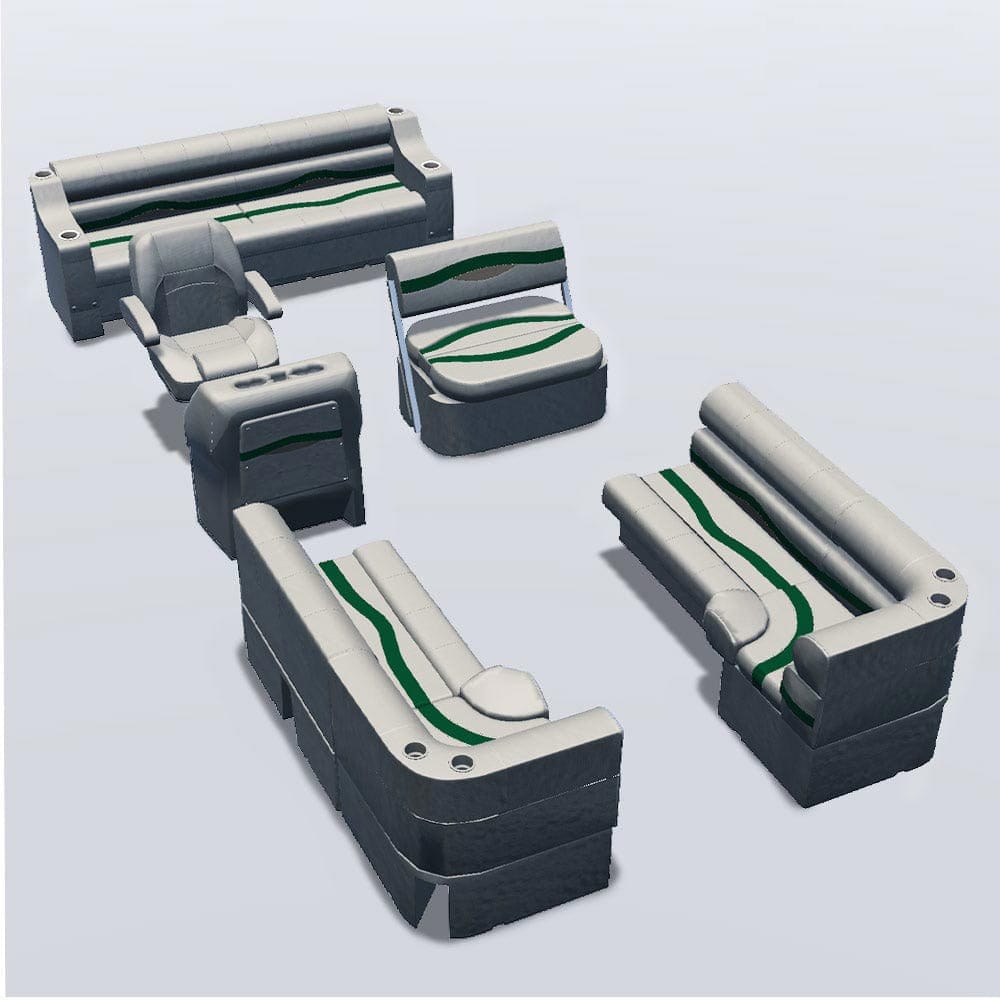 Side entry midship flip flop pontoon seat package with bow double bench and corner seats #color_ivory, green & tan