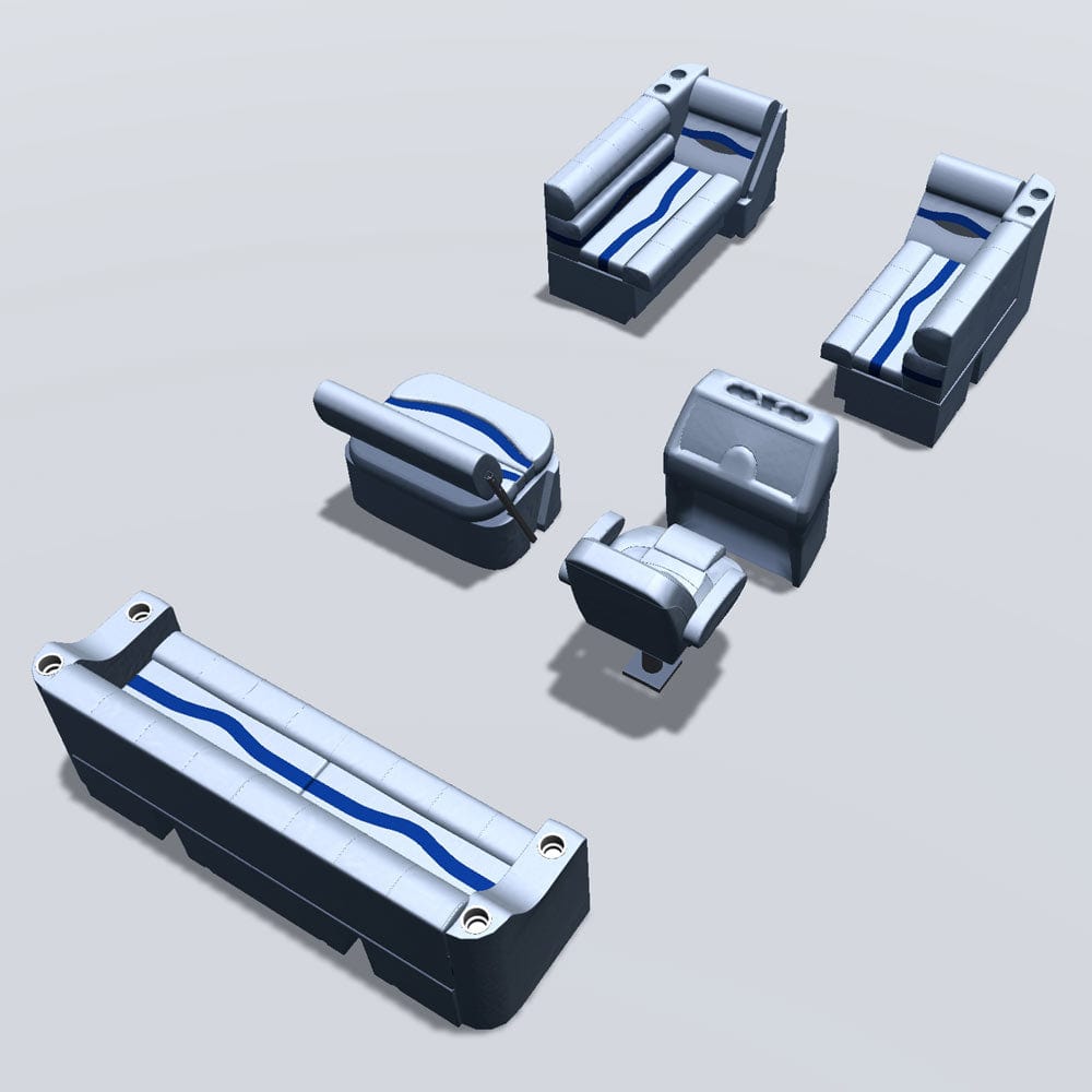 Side entry with midship flip flop pontoon seat package with bow double bench and lean back seats back #color_gray, blue & charcoal