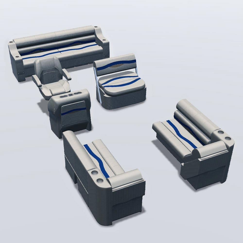 Side entry with midship flip flop pontoon seat package with bow double bench and lean back seats #color_ivory, blue & tan