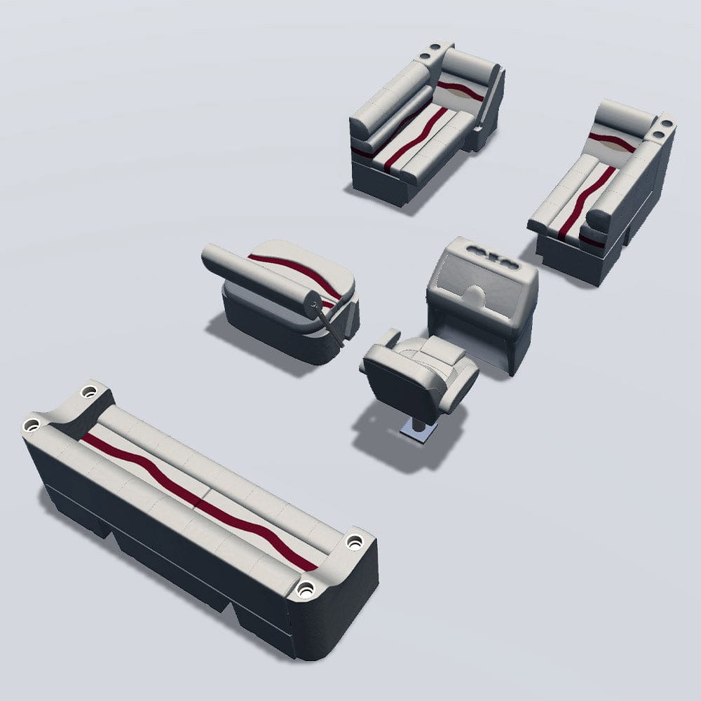 Side entry with midship flip flop pontoon seat package with bow double bench and lean back seats back #color_ivory, burgundy & tan