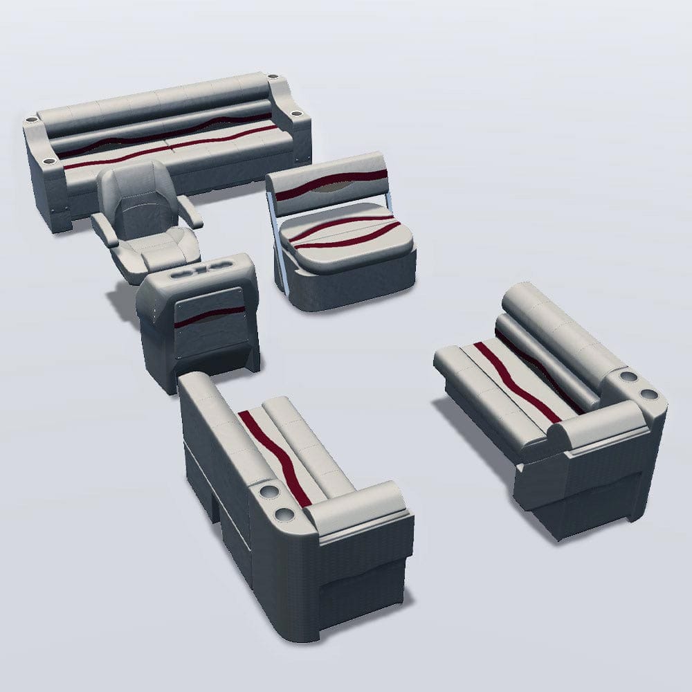 Side entry with midship flip flop pontoon seat package with bow double bench and lean back seats #color_ivory, burgundy & tan