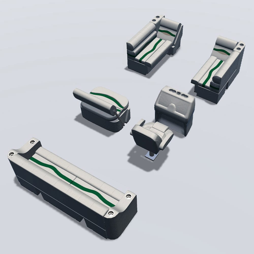 Side entry with midship flip flop pontoon seat package with bow double bench and lean back seats back #color_ivory, green & tan