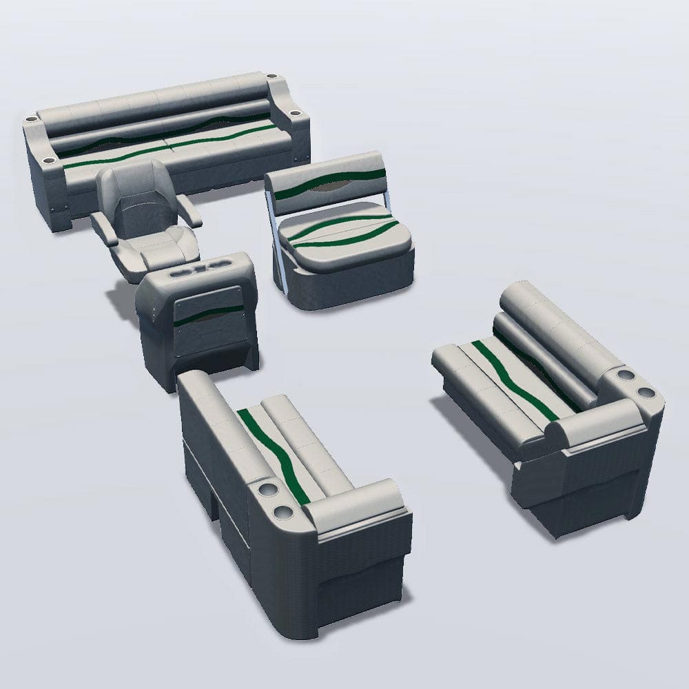 Side entry with midship flip flop pontoon seat package with bow double bench and lean back seats #color_ivory, green & tan