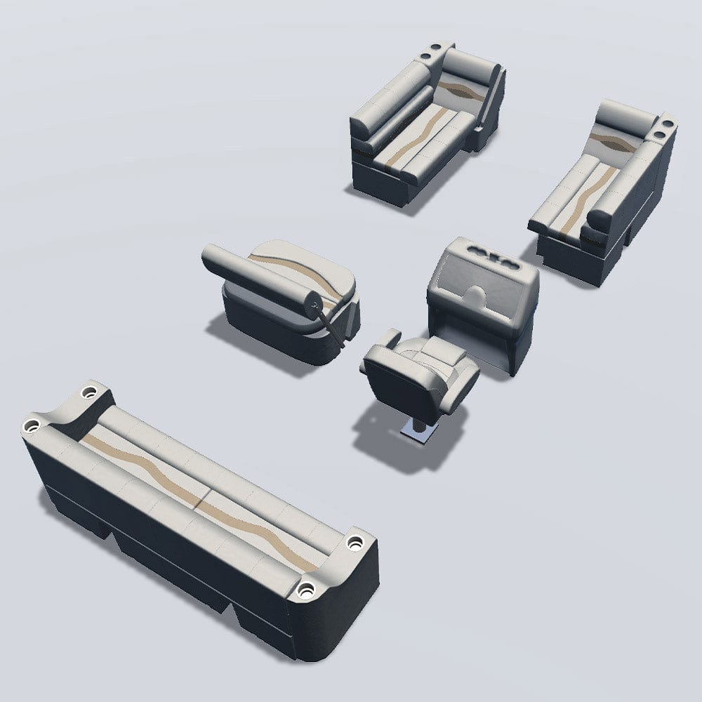 Side entry with midship flip flop pontoon seat package with bow double bench and lean back seats back #color_ivory, tan & beige