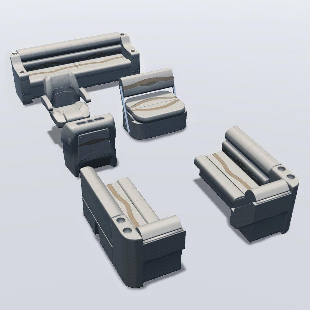 Side entry with midship flip flop pontoon seat package with bow double bench and lean back seats #color_ivory, tan & beige