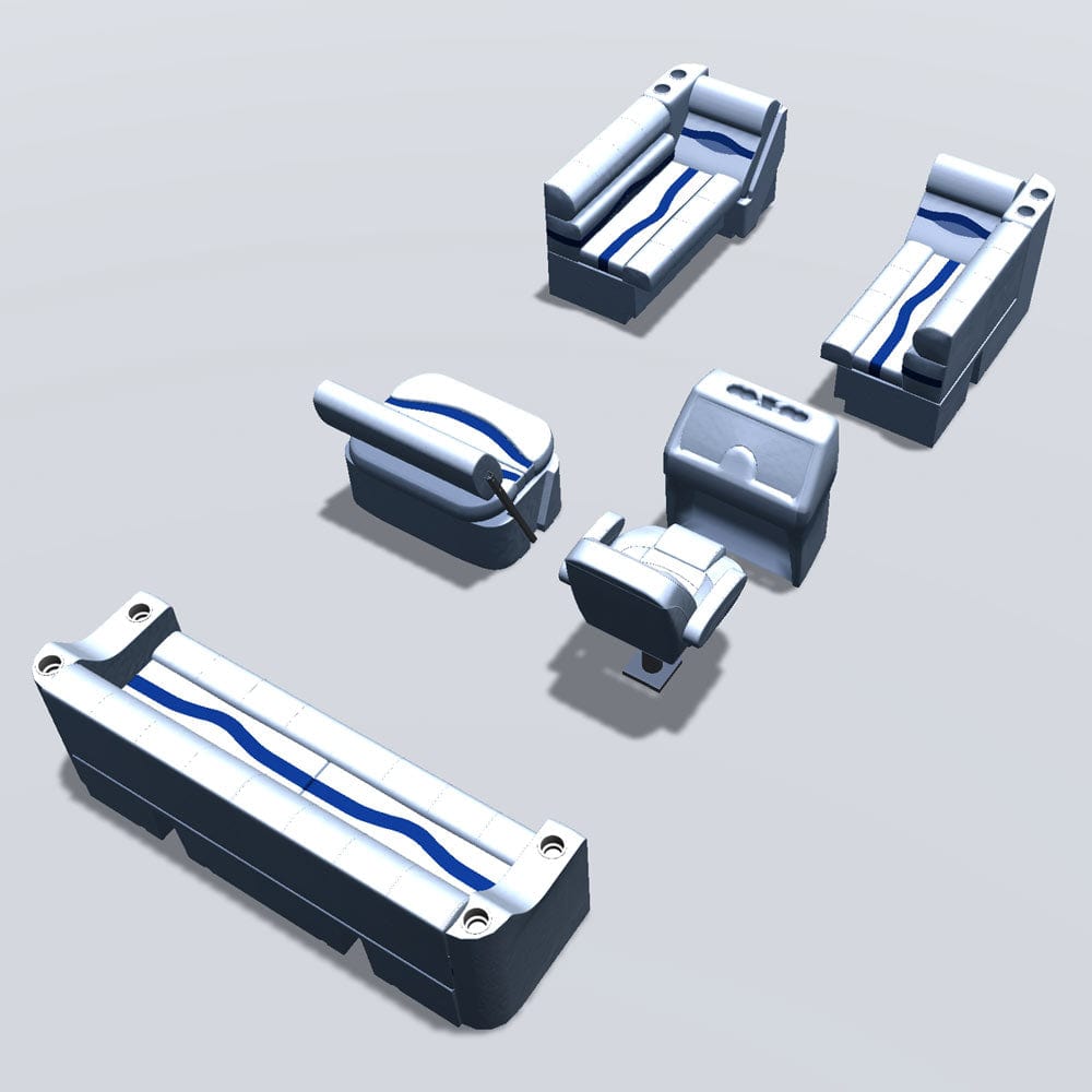 Side entry with midship flip flop pontoon seat package with bow double bench and lean back seats back #color_white, blue & light blue