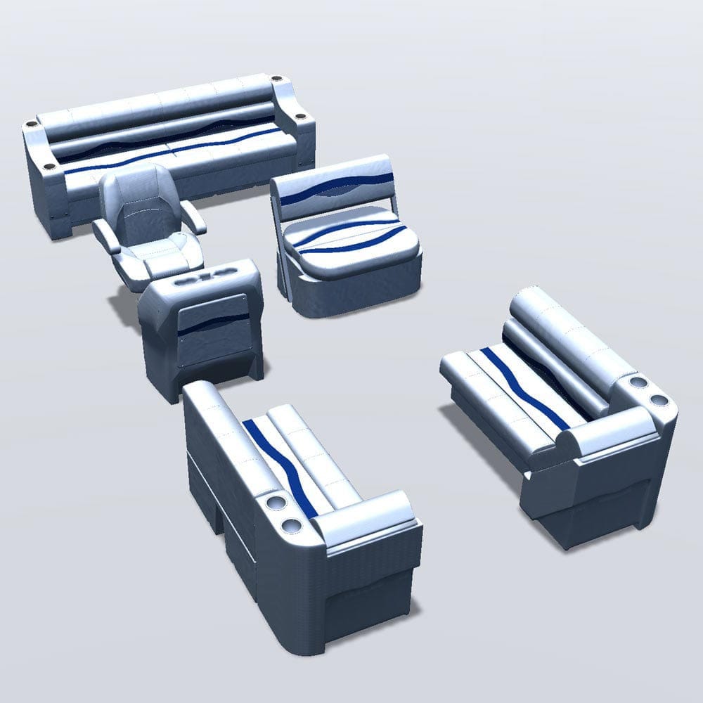 Side entry with midship flip flop pontoon seat package with bow double bench and lean back seats #color_white, blue & light blue