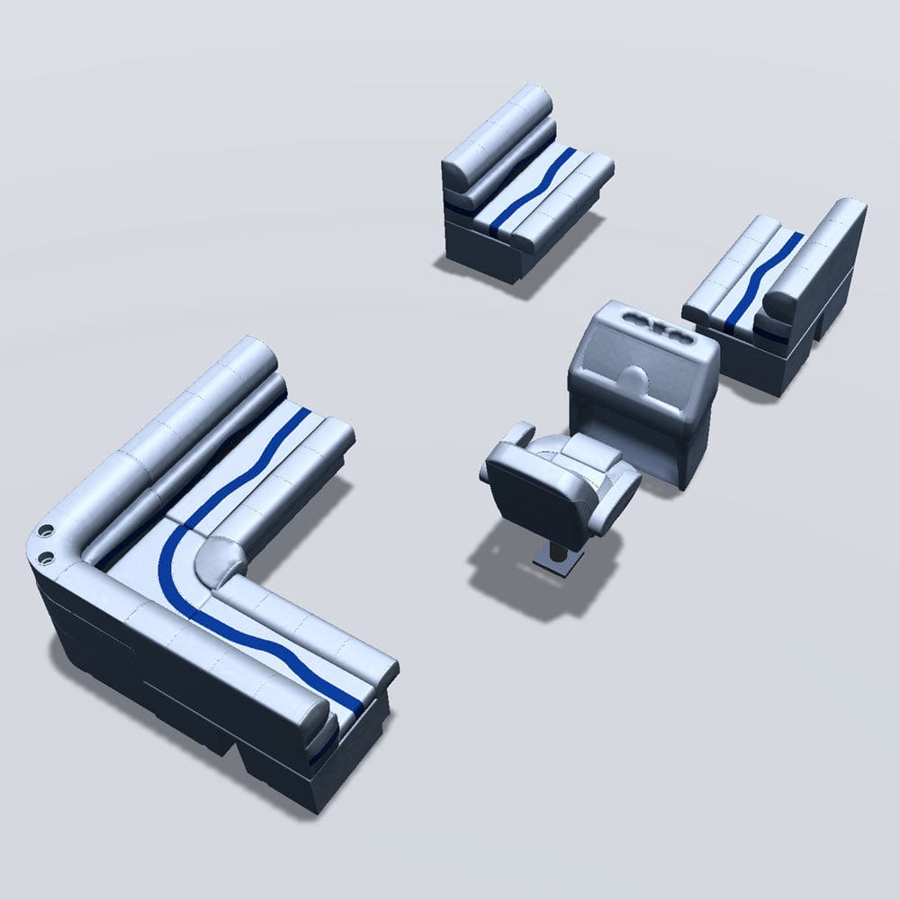 Stern entry pontoon seat package with bow double bench seats back #color_gray, blue & charcoal