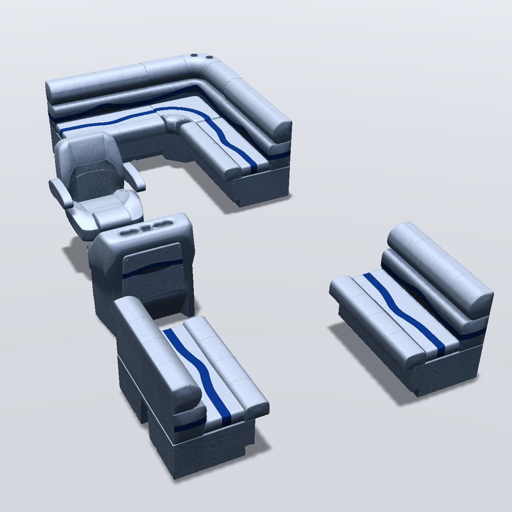 Stern entry pontoon seat package with bow double bench seats #color_gray, blue & charcoal