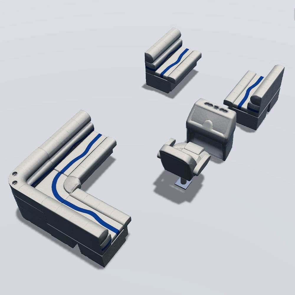 Stern entry pontoon seat package with bow double bench seats back #color_ivory, blue & tan