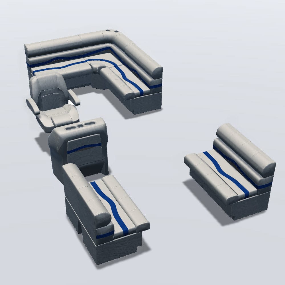 Stern entry pontoon seat package with bow double bench seats #color_ivory, blue & tan