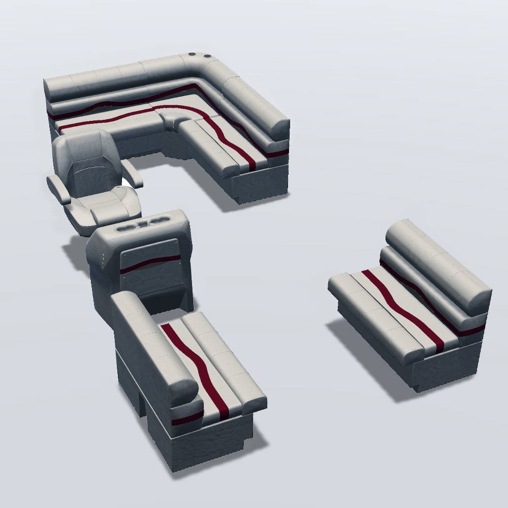 Stern entry pontoon seat package with bow double bench seats #color_ivory, burgundy & tan