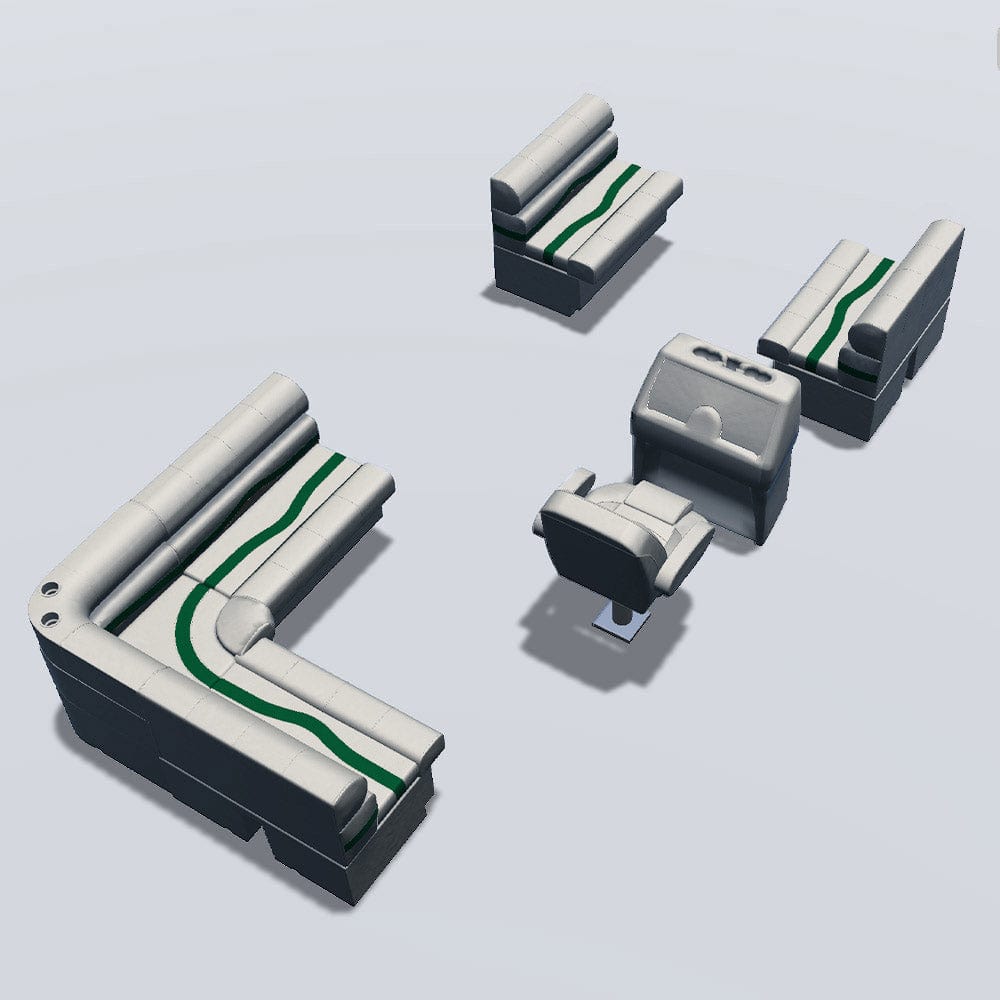 Stern entry pontoon seat package with bow double bench seats back #color_ivory, green & tan