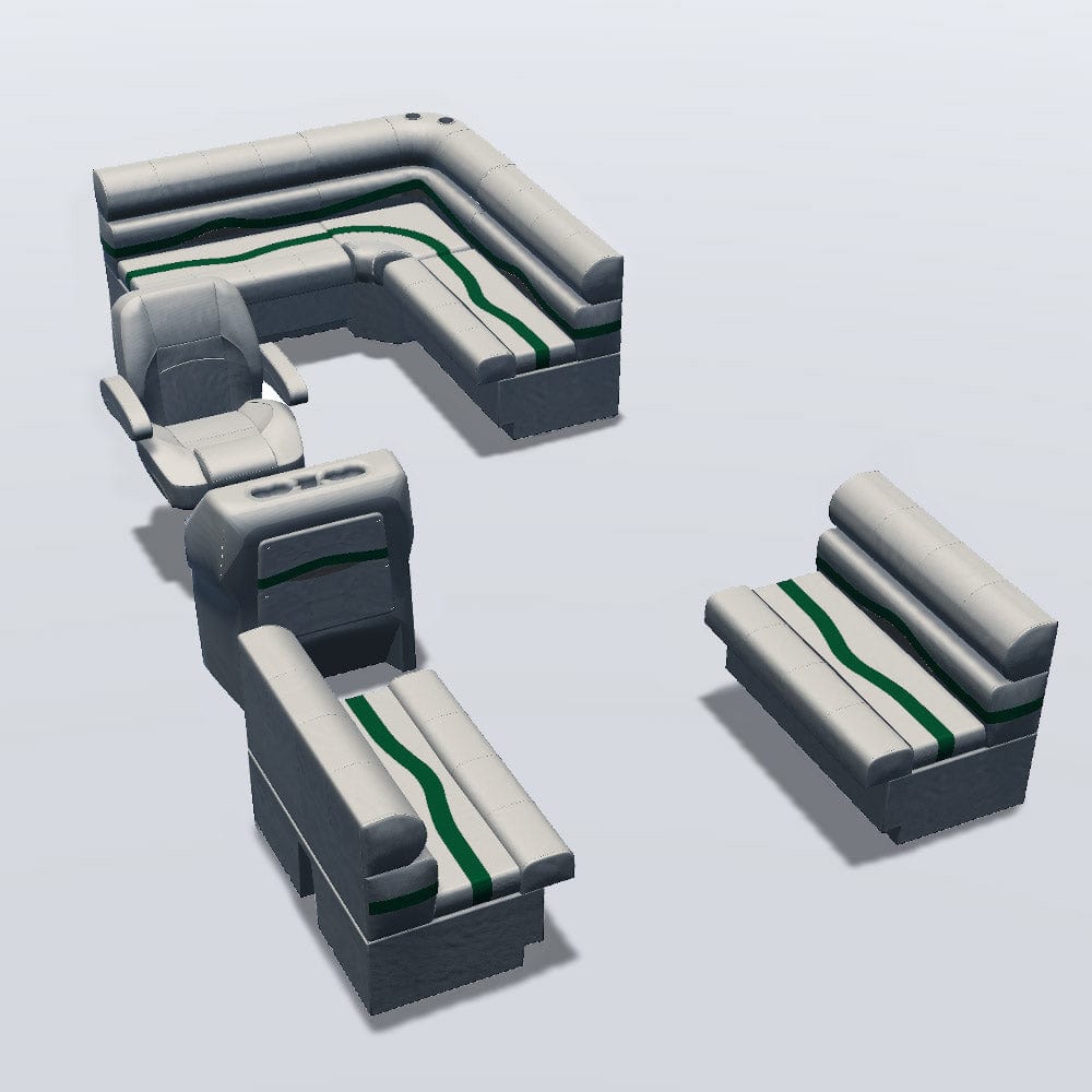 Stern entry pontoon seat package with bow double bench seats #color_ivory, green & tan