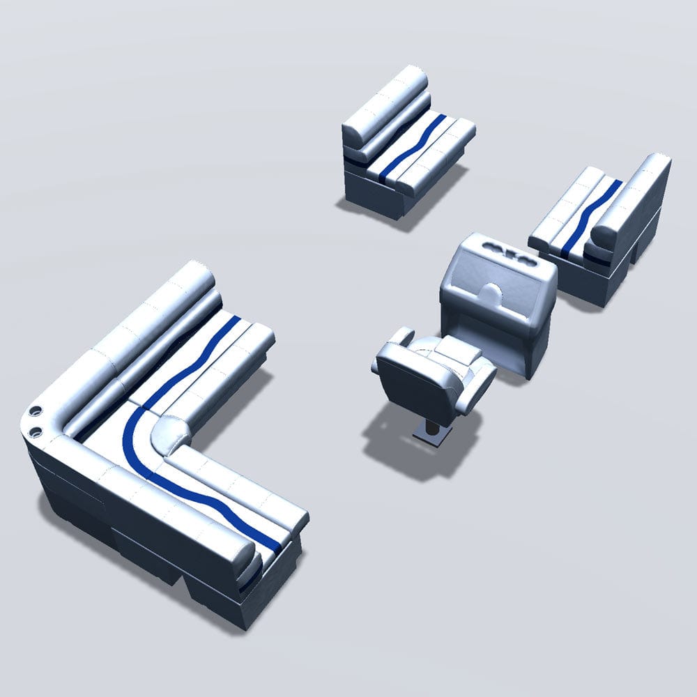 Stern entry pontoon seat package with bow double bench seats back #color_white, blue & light blue