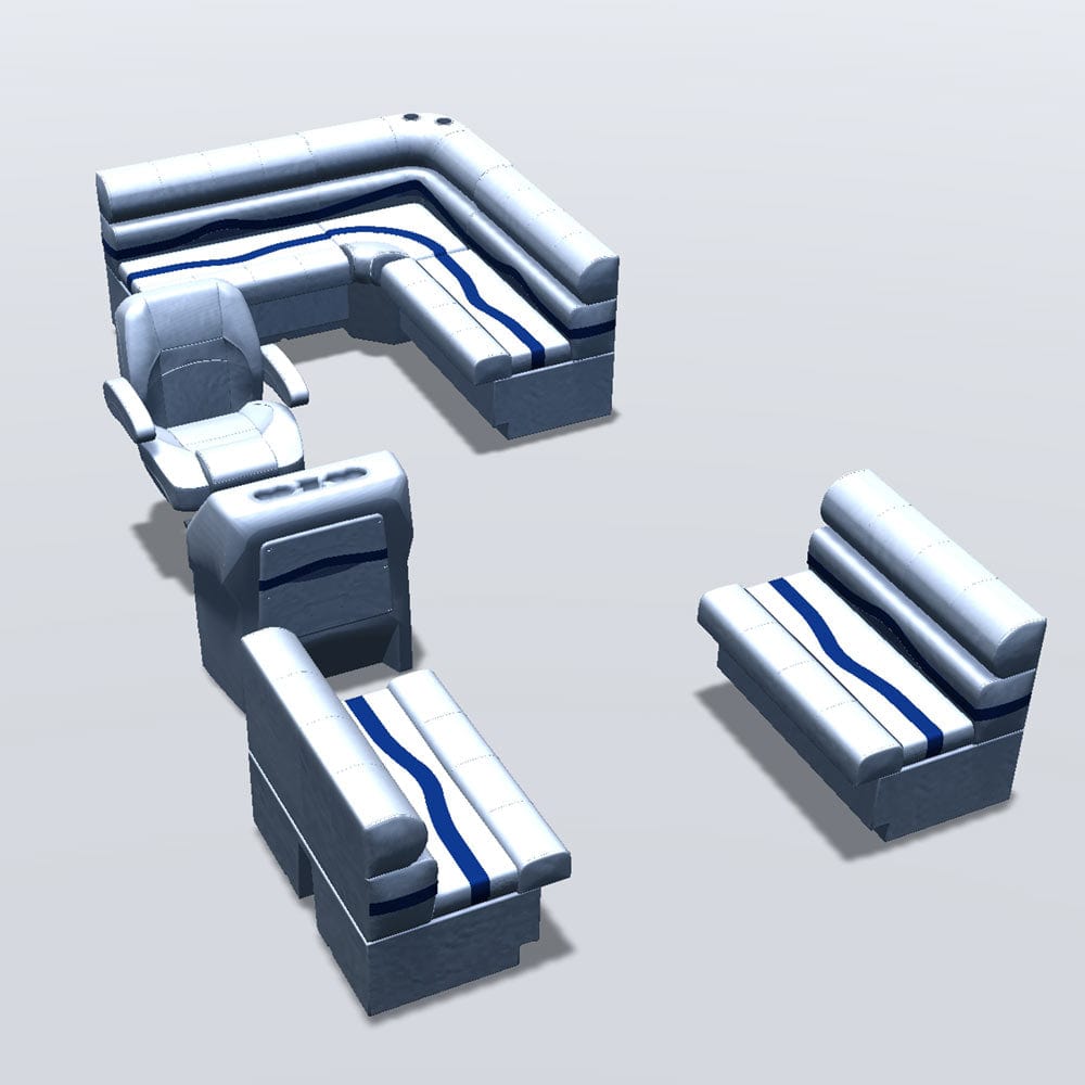 Stern entry pontoon seat package with bow double bench seats #color_white, blue & light blue