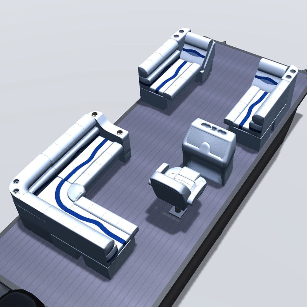 Stern entry pontoon seat package with inverse lean back double bow bench seats back