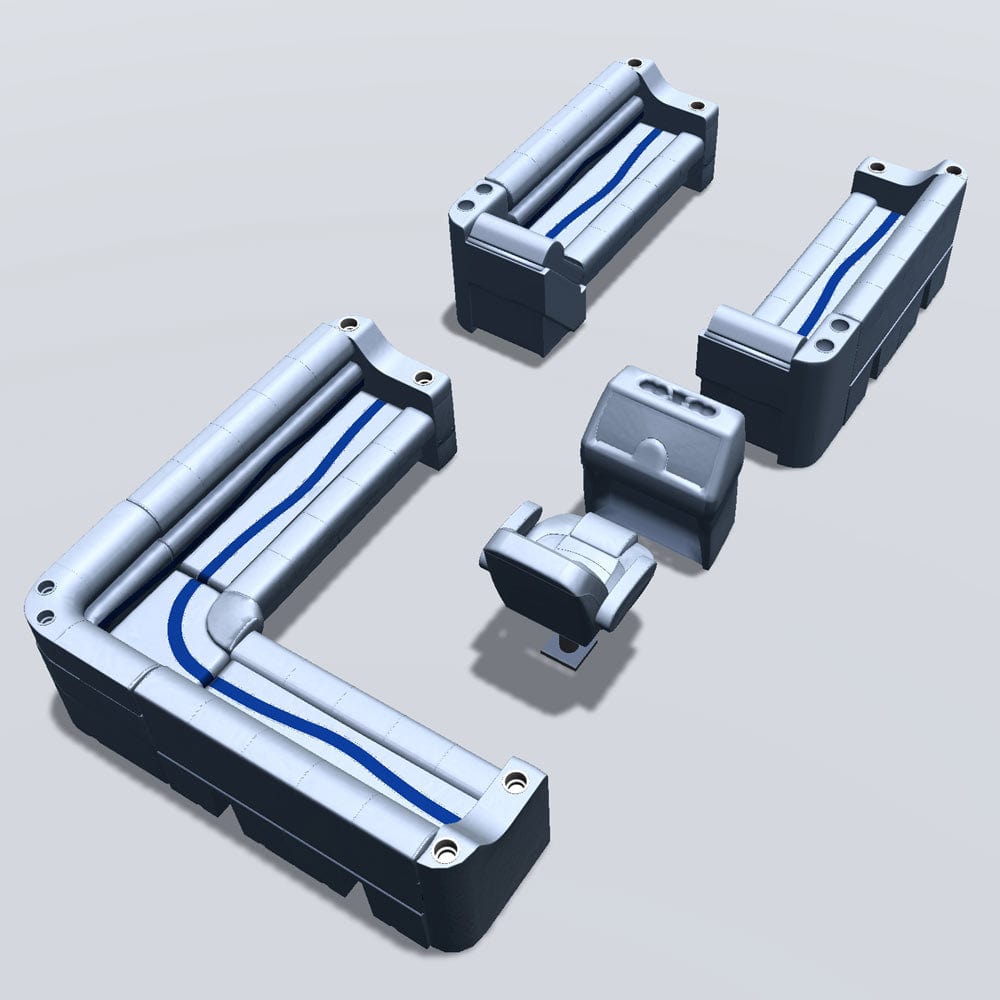 Side entry aft L-bench pontoon seat package with cupholder bow double bench and lean back seats #color_gray, blue & charcoal