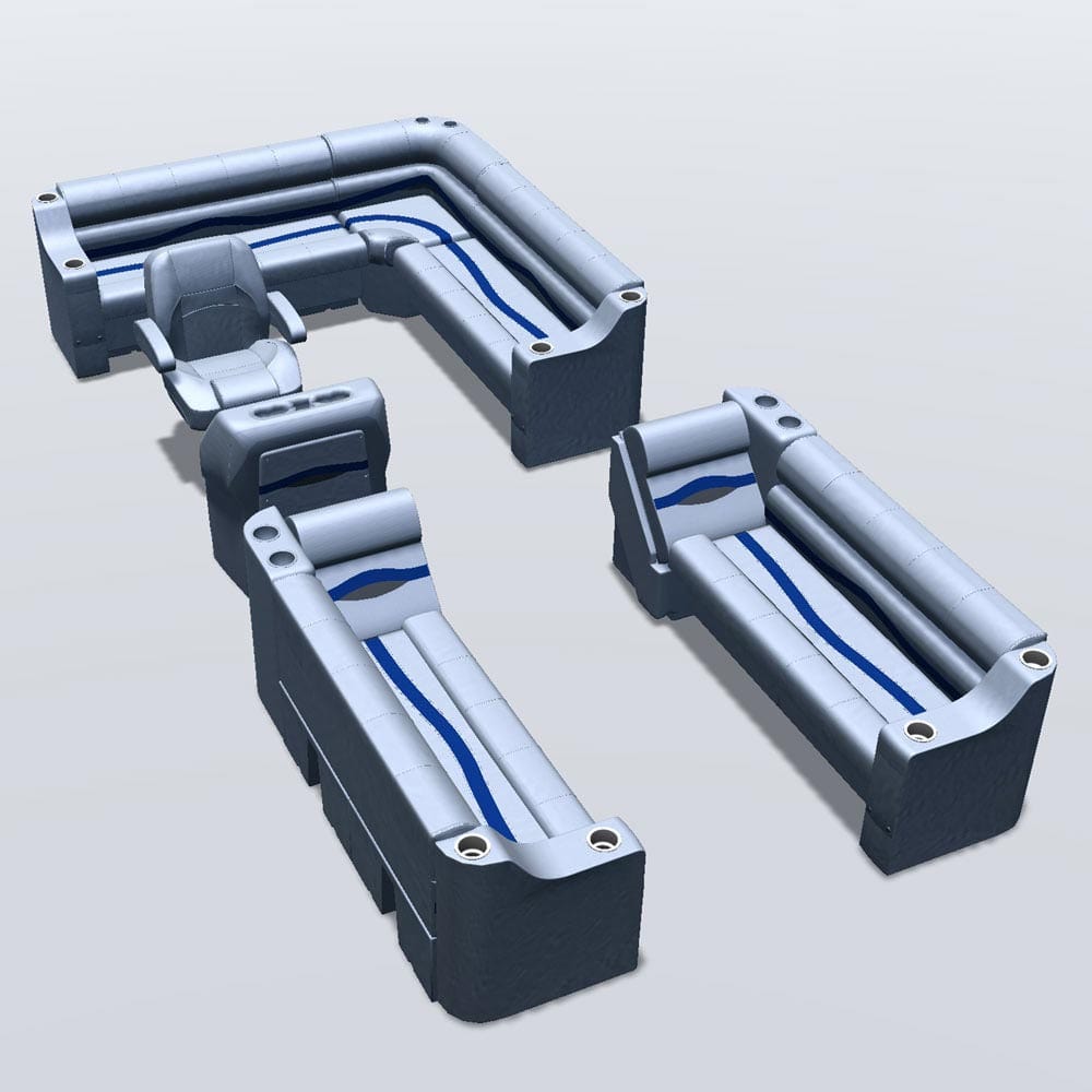 Side entry aft L-bench pontoon seat package with cupholder bow double bench and lean back seats #color_gray, blue & charcoal